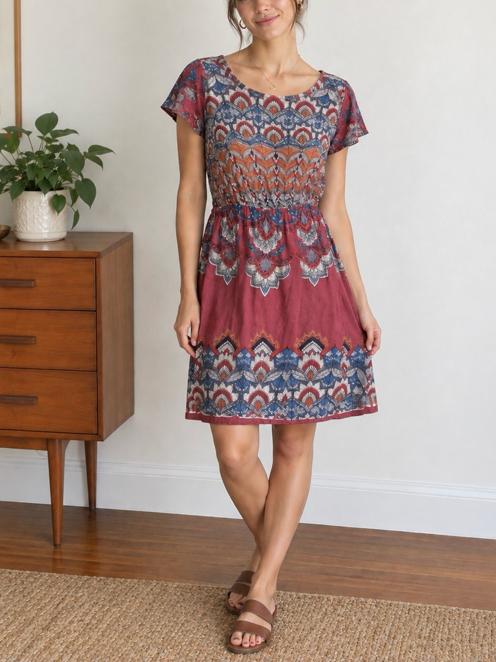 Vintage Y2K Angie Boho Indie Short Sleeve Printed Dress Red and Blue Fall Autumn